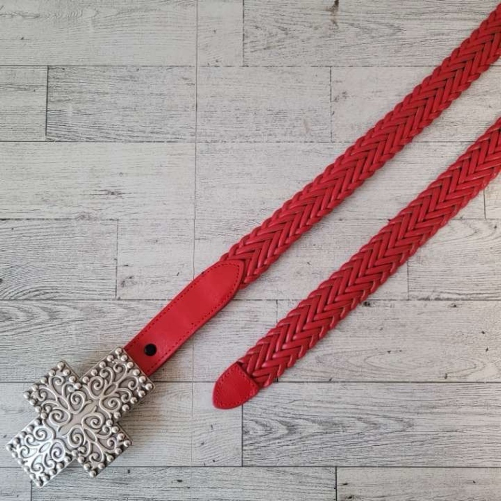 Women's Enmon Western Big Cross Buckle Woven Red Rodeo Cowgirl Belt Size L